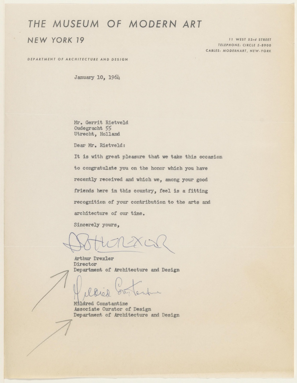 Brief van Drexler / Const. (MoMA) aan G. Rietveld