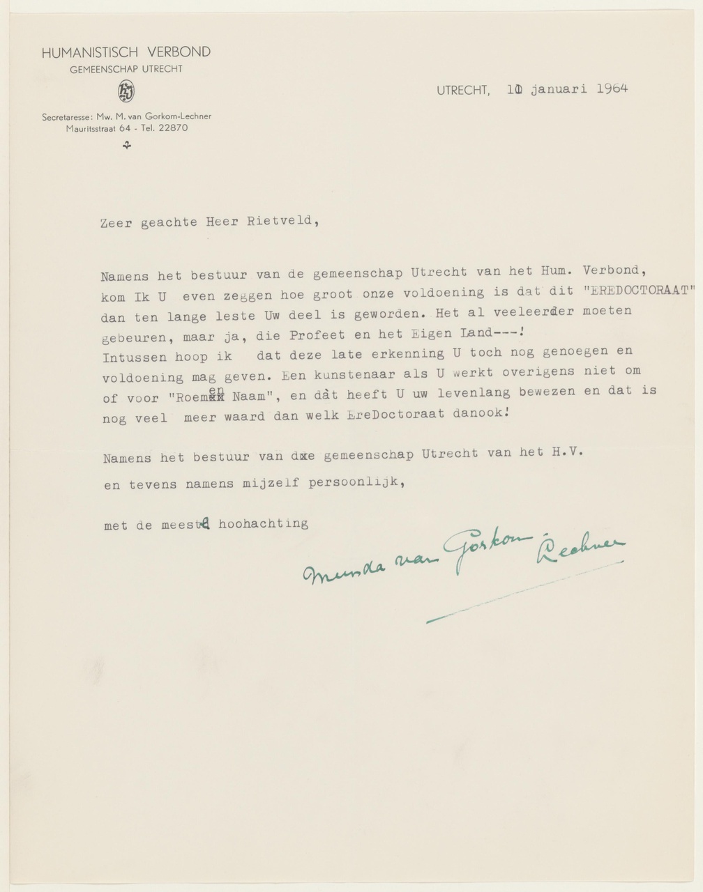 Brief van van Gorkom-Lechner aan G. Rietveld