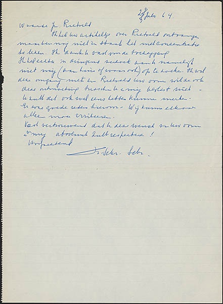 Brief van Truus Schröder aan Jan Rietveld over dat zij wenst geen contact met jan Rietveld te hebben