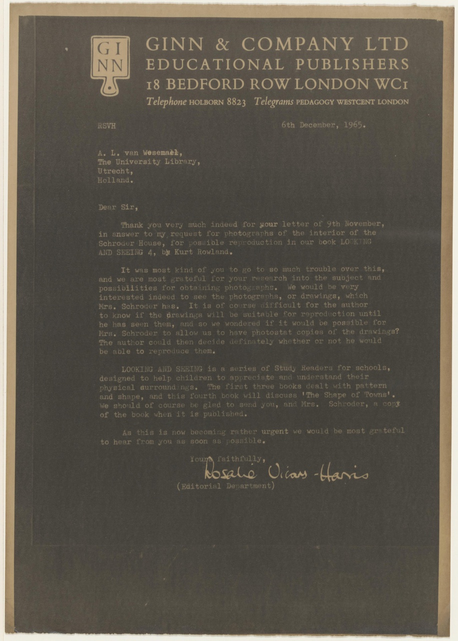 Brief van R. Vilars-Harris aan A.L. van Wesemael / U.B.Utrecht