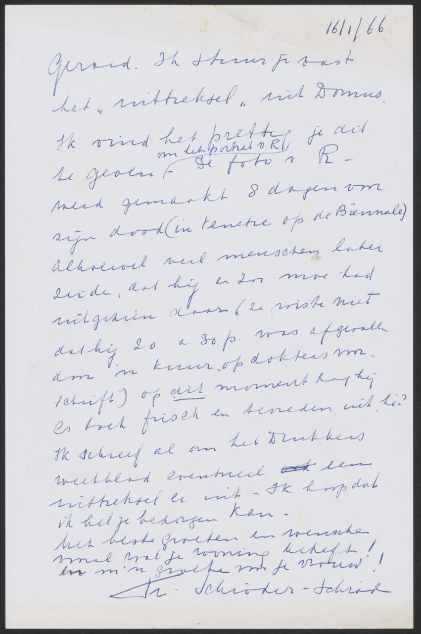 Brief van Truus Schröder aan Gerard van de Groenekan, was bijgevoegd bij het tijdschrift Domus waarin een 9 pagina's artikel van Rietveld is opgenomen, de foto van Gerrit Thomas Rietveld is 8 dagen voor zijn dood gemaakt