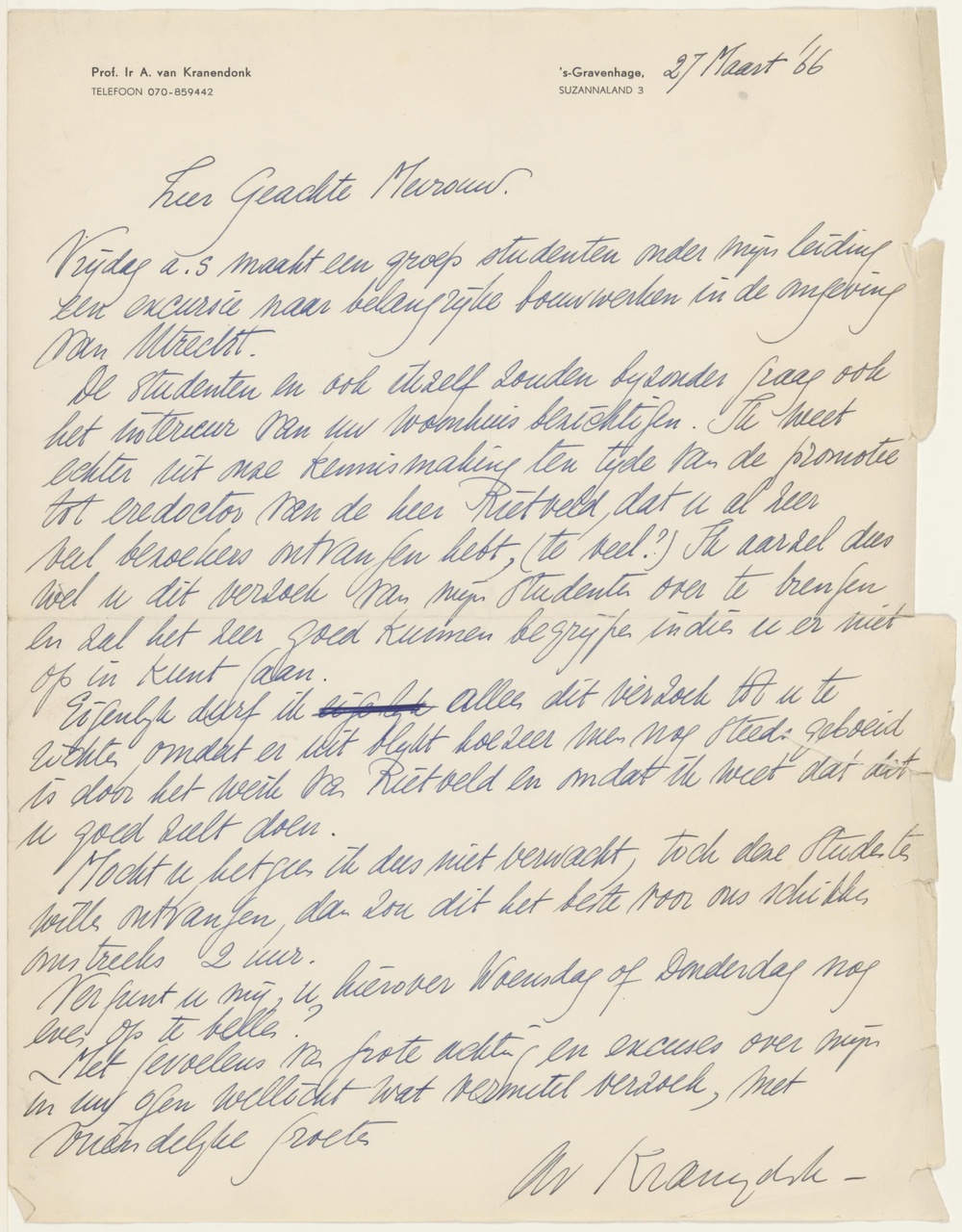 Brief van A. van Kranendonk aan T. Schröder