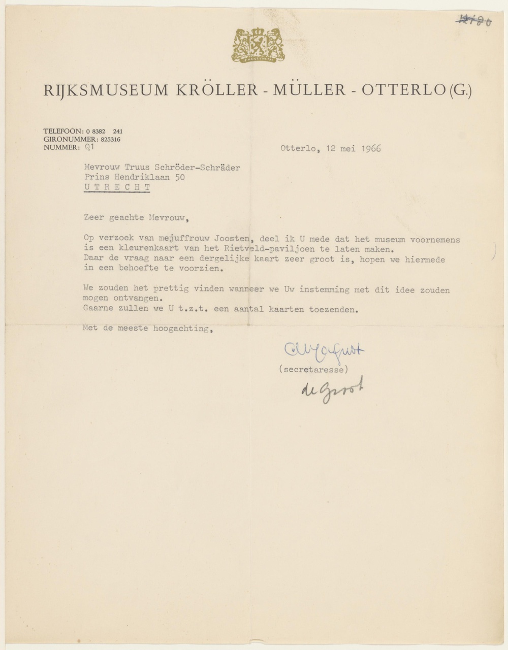 Brief van de Groot (?) / Kröller Müller museum aan T. Schröder