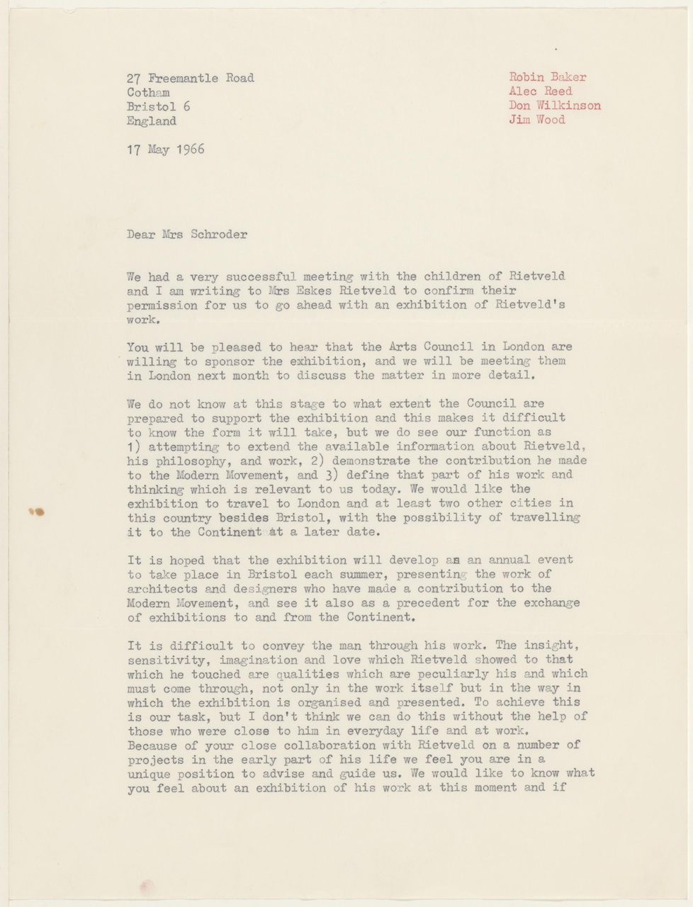 Brief van R. Baker/A. Reed/D. Wilkinson/J. Wood aan T. Schröder