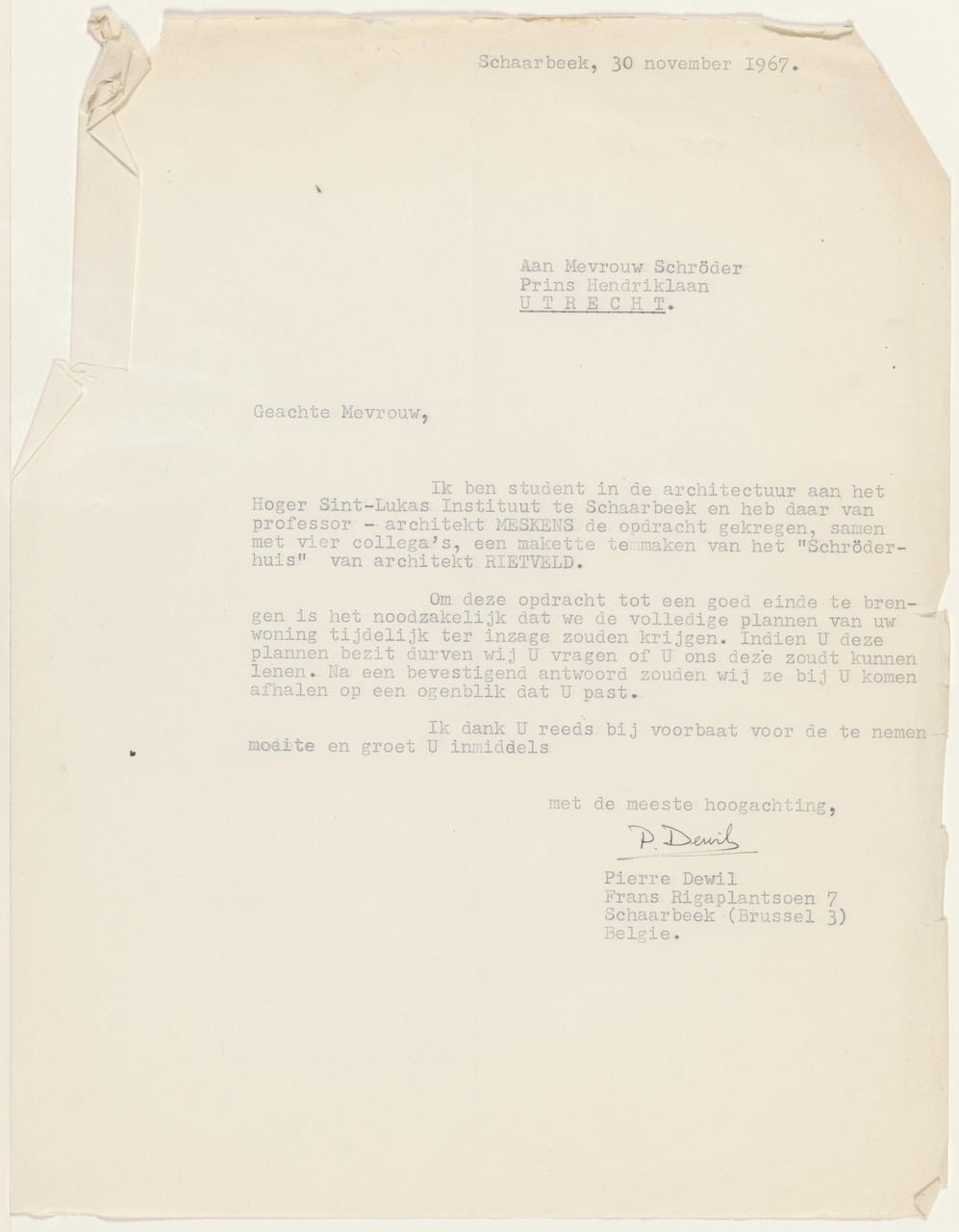 Brief van P. Dewil aan T. Schröder