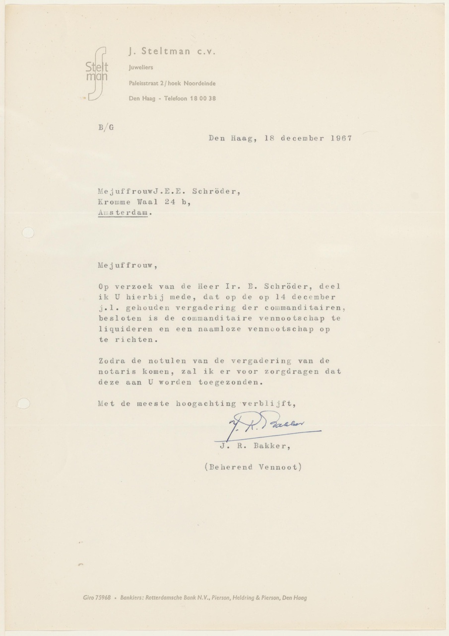 Brief van J.R. Bakker/ C.V. J.Steltman aan J.E.E. Schröder