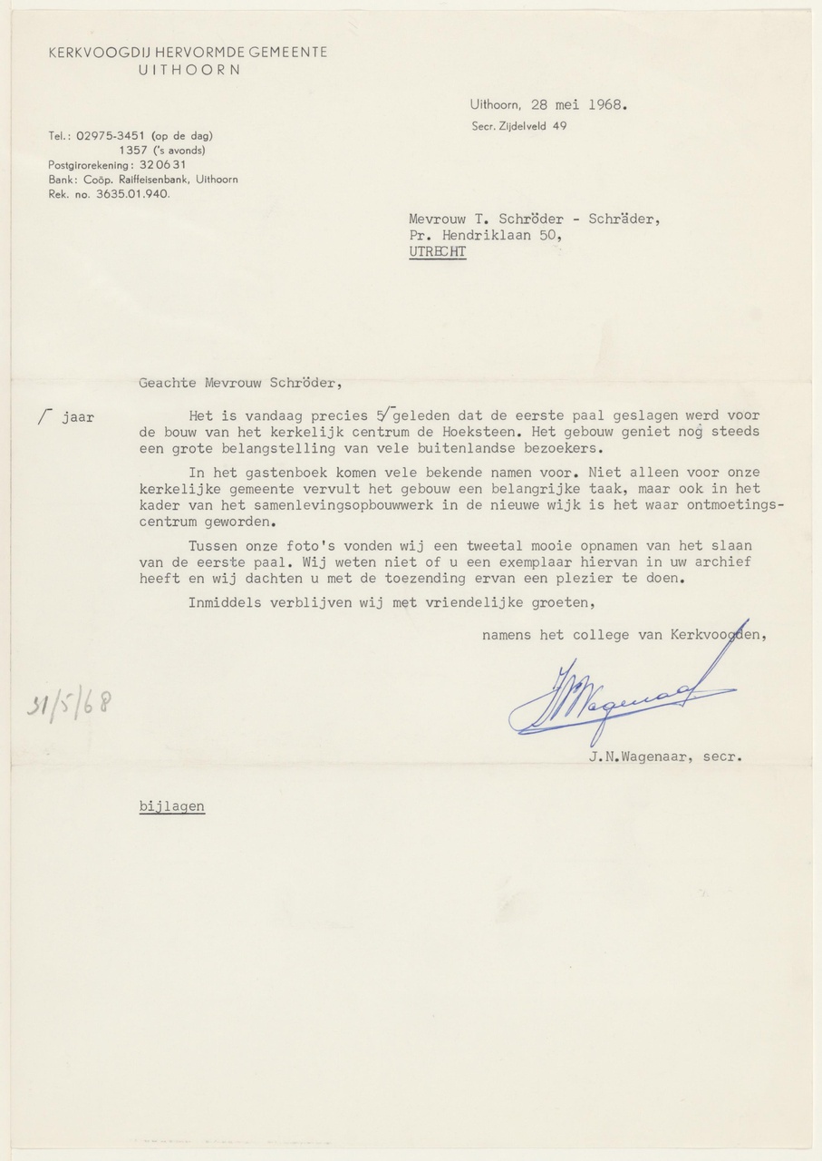 Brief van J.N. Wagenaar / HK Uithoorn aan T. Schröder