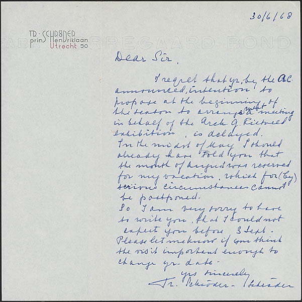 Brief van Truus Schröder aan Robin Baker waarin zij laat weten dat zij de architecten Baker, Reed en Wilkinson niet kan ontvangen in augustus 1968
