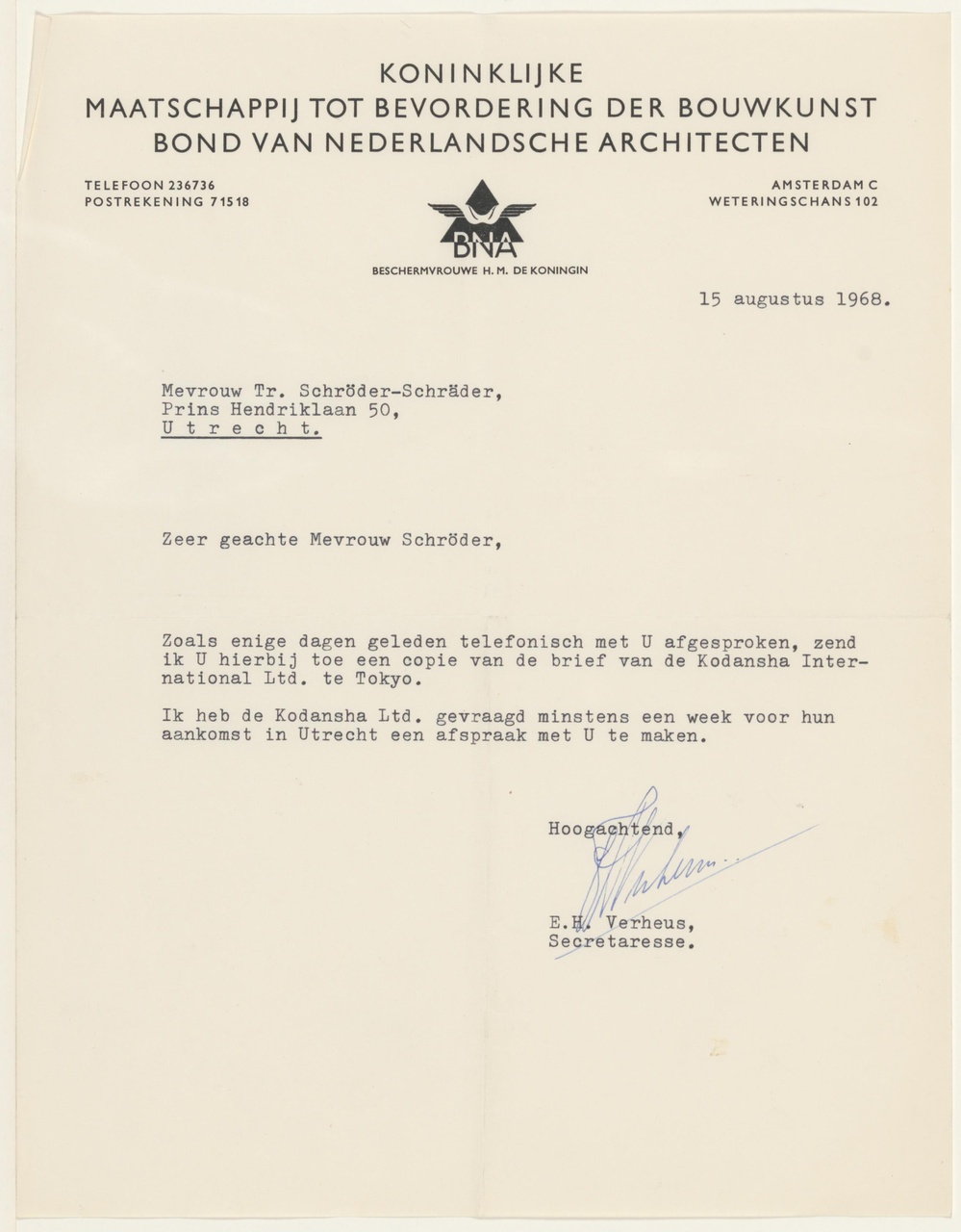Brief van E.H. Verheus / BNA aan T. Schröder