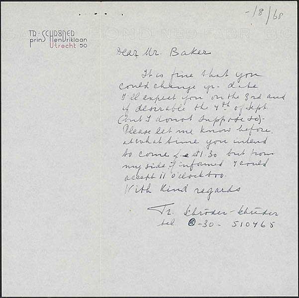 Brief van Truus Schröder aan Robin Baker waarin Truus een voorstel doet om Robin  te ontvangen wanneer hij is Nederland is