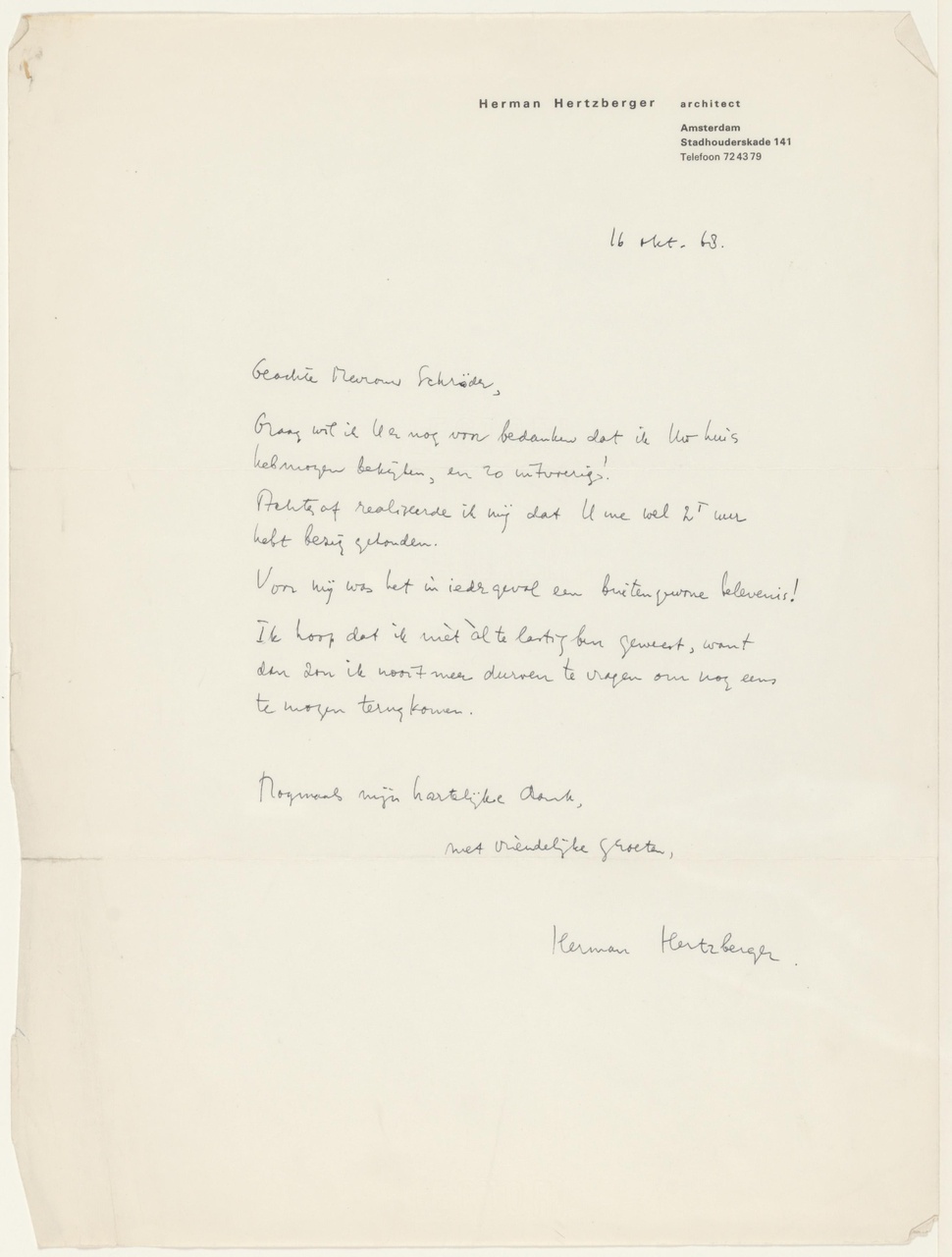 Brief van H. Hertzberger aan T. Schröder