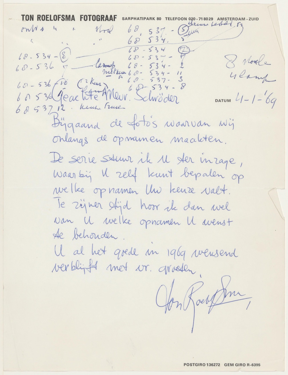 Brief van T. Roelofsma aan T. Schröder