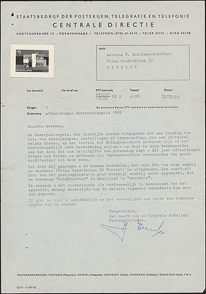 Brief van Posterijen, telegrafie en telefonie (PTT) aan Truus Schröder over het ontwerp van de zomerzegels van 1969