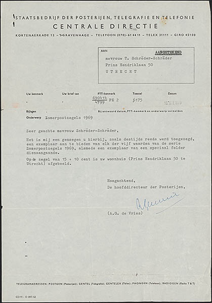 Brief van A.G. de Vries aan Truus Schröder waarin de zomerzegels van 1969 worden aangeboden