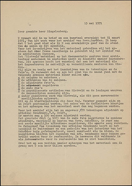 Brief van onbekende afzender aan Pieter Singelenberg met het overzicht van het kwartaal en de stand van zaken betreffende het archief van Truus Schröder