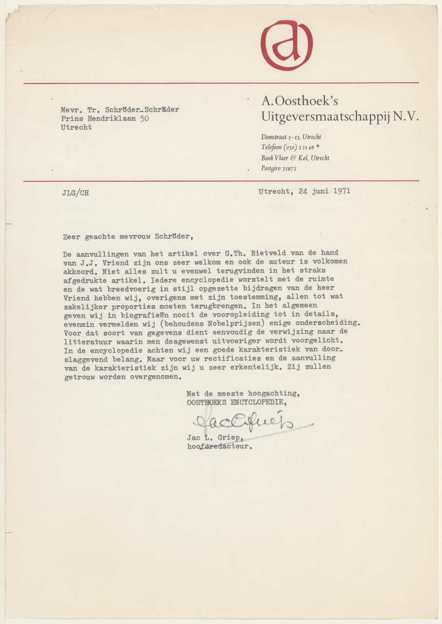 Brief van J.L. Griep. / Oosthoeks Enc. aan T. Schröder