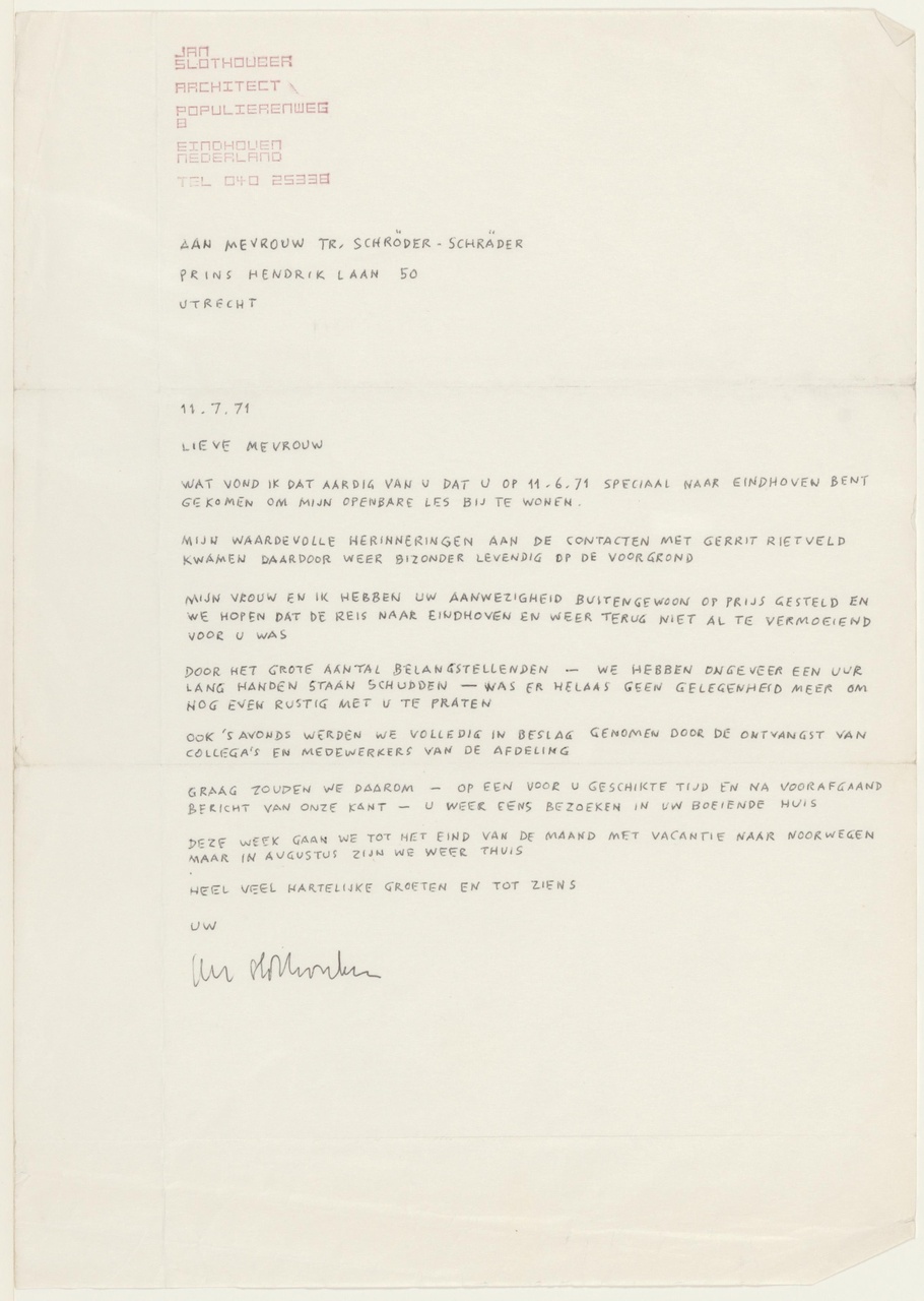 Brief van J. Slothouber aan T. Schröder