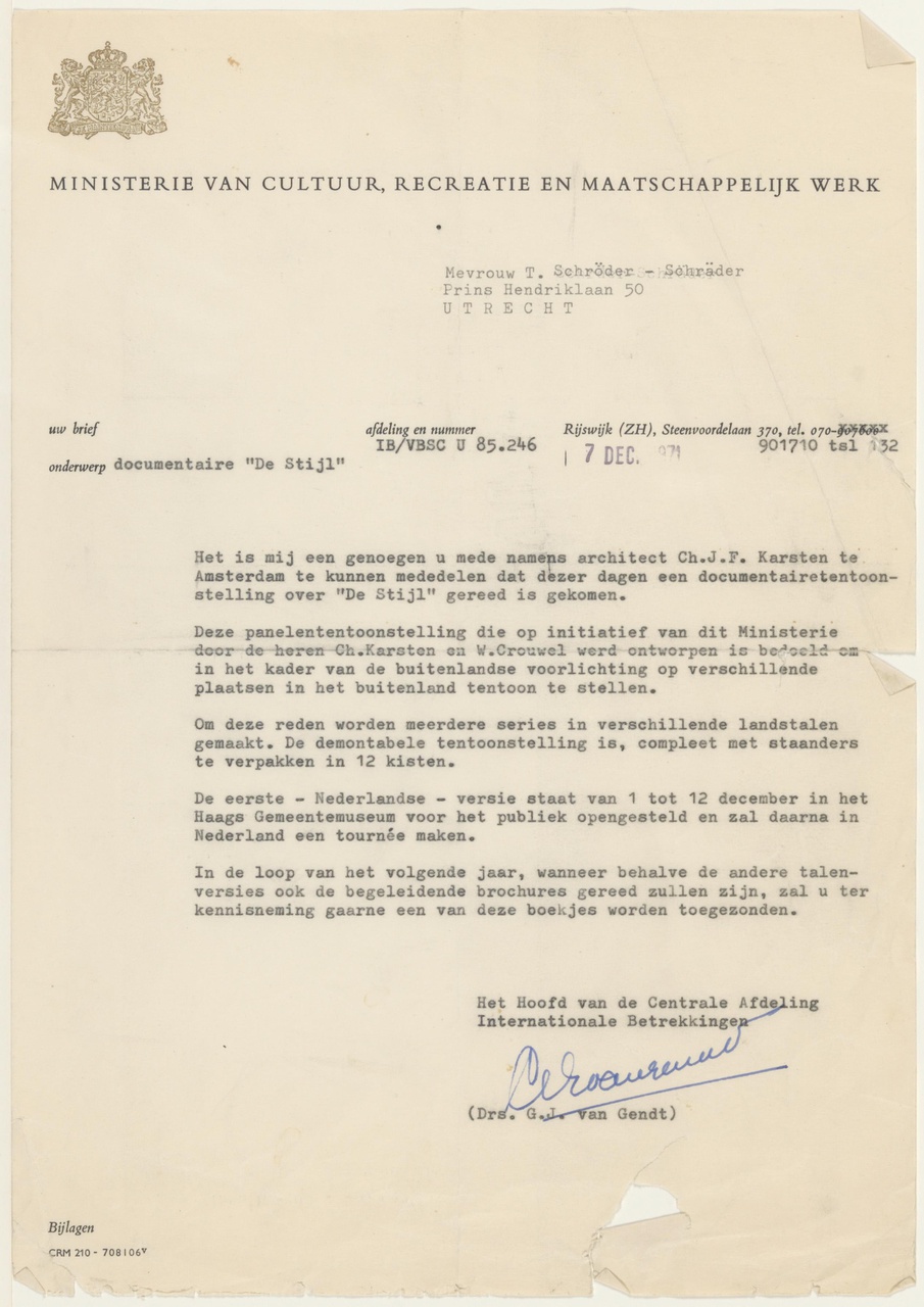 Brief van G.J. Gendt (Ministerie CRM) aan T. Schröder