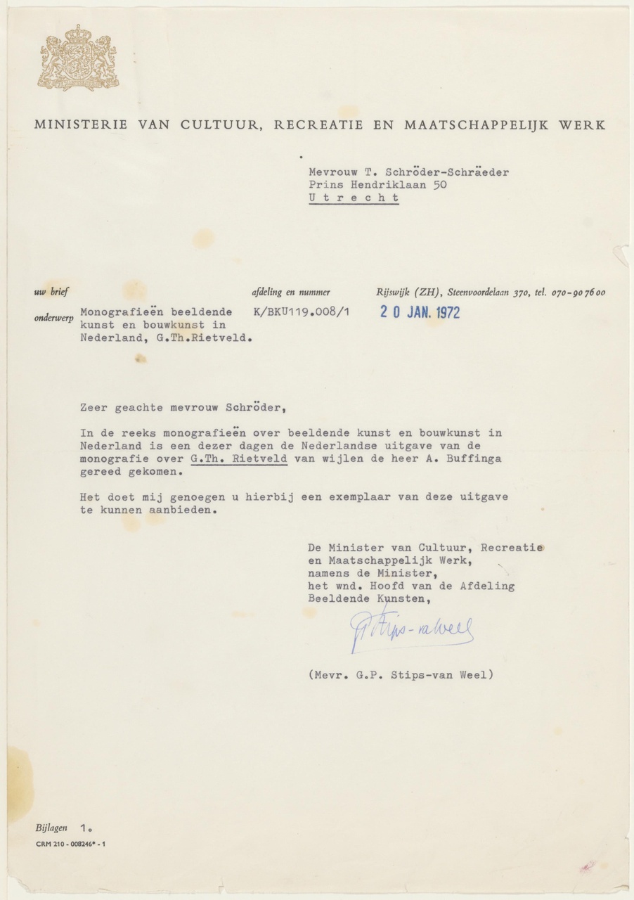 Brief van G.P. Stips-van Weel / Ministerie CRM aan T. Schröder