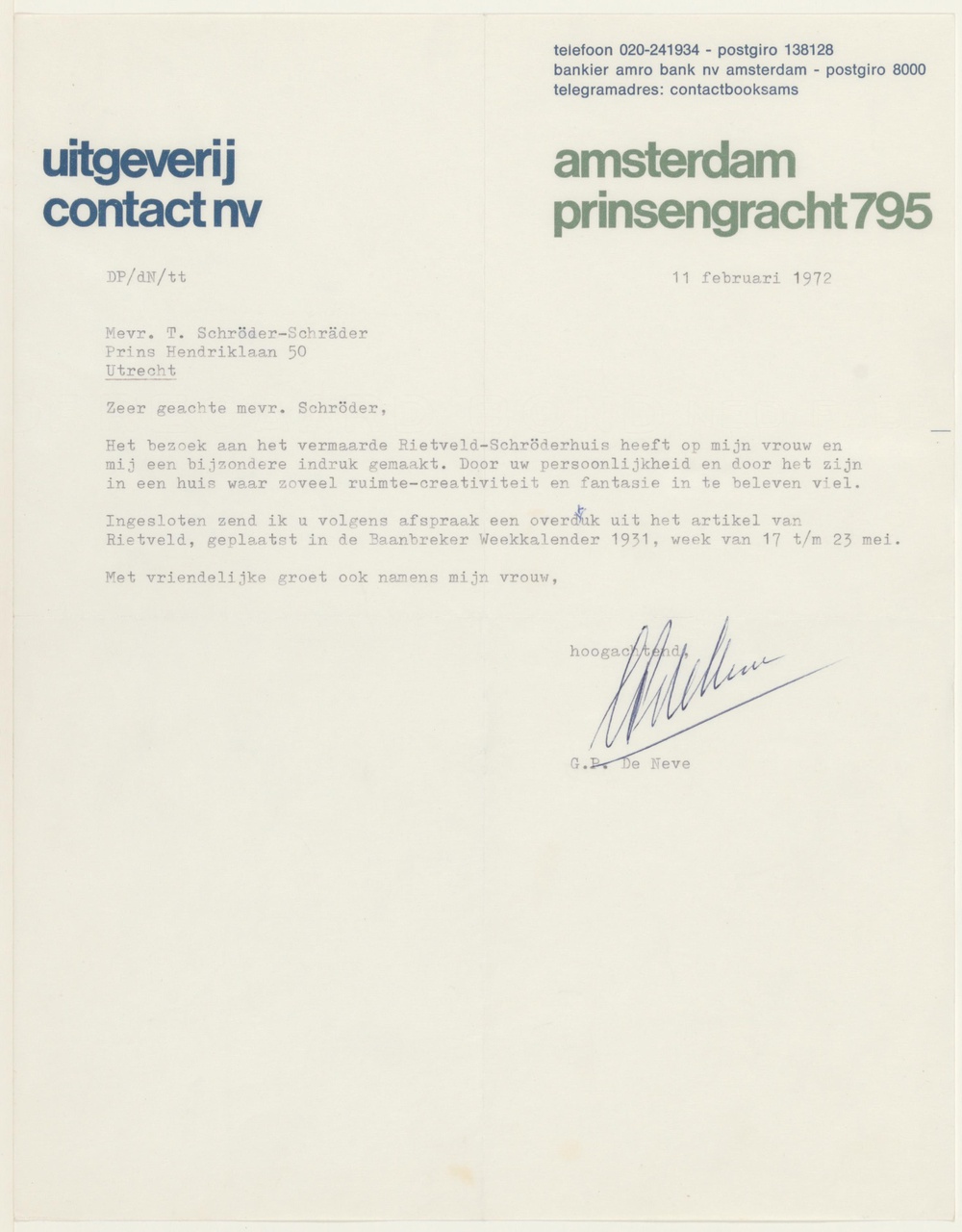 Brief van G.P. de Neve aan T. Schröder