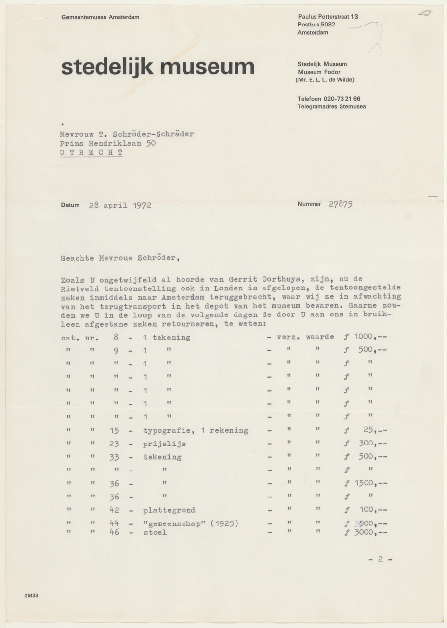 Brief van E. de Wilde / Stedelijk Museum Amsterdam aan T. Schröder
