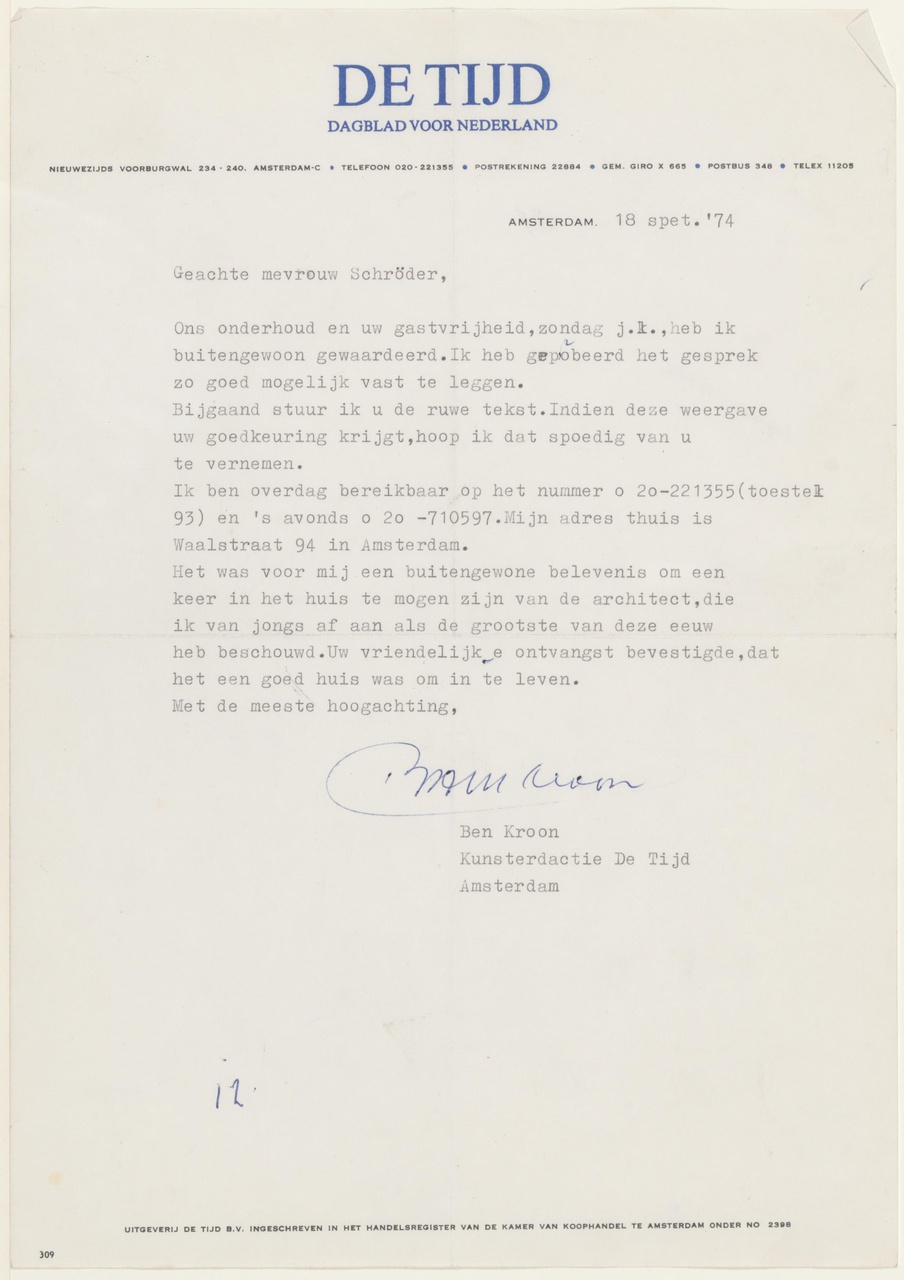 Brief van B. Kroon / 'De Tijd' aan T. Schröder