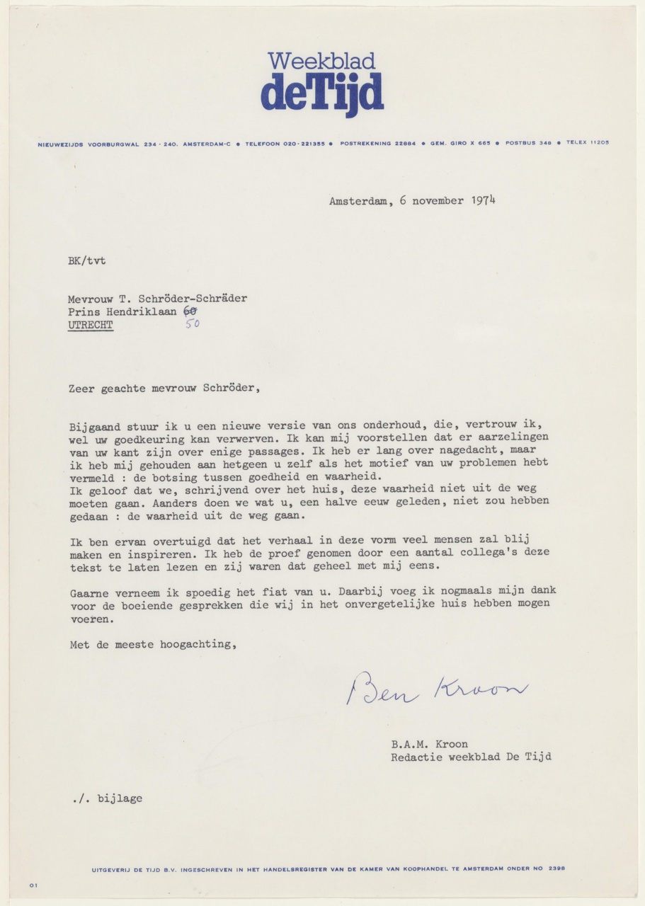 Brief van B. Kroon / 'De Tijd' aan T. Schröder