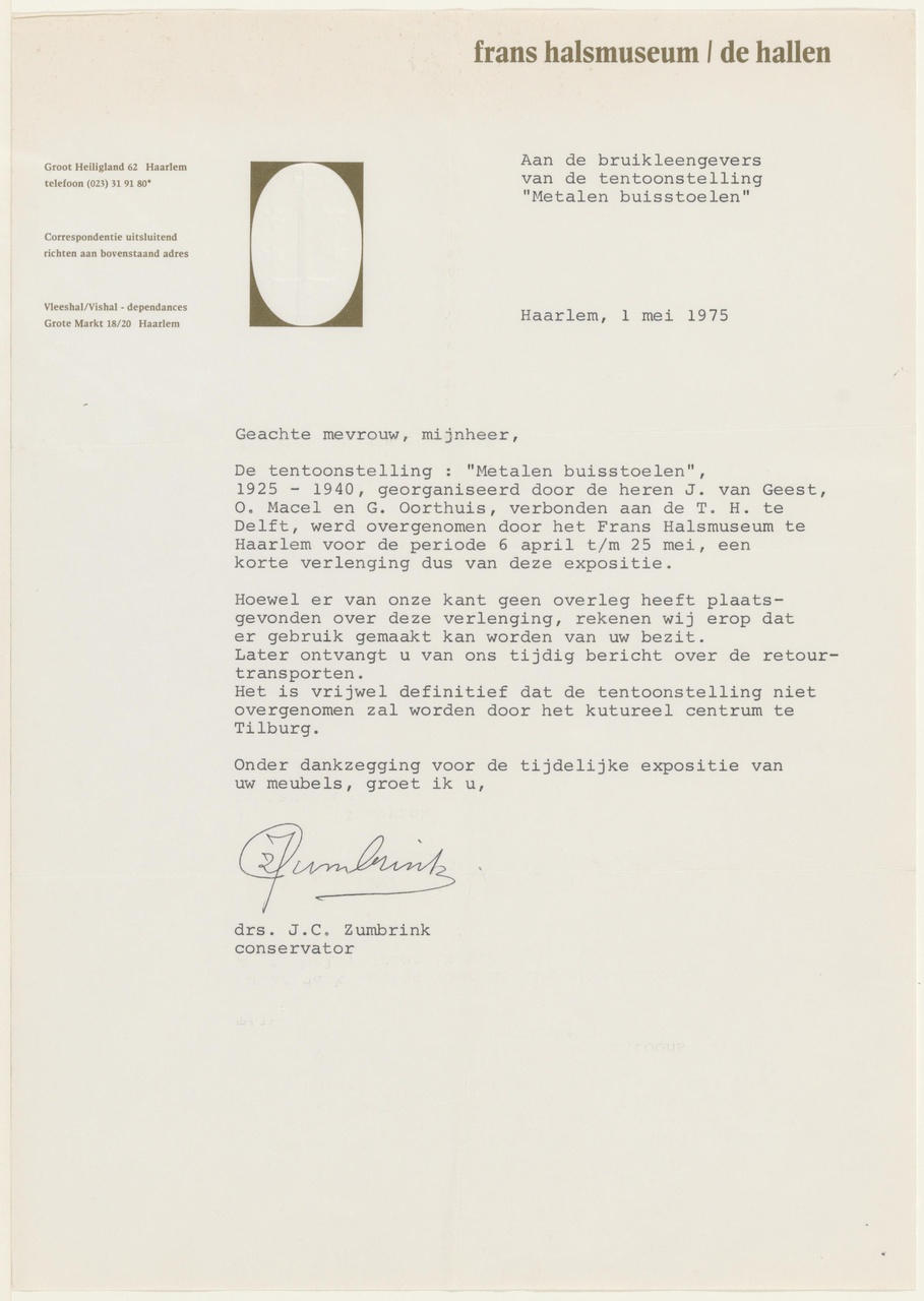 Brief van J.C. Zumbrink / Frans Halsmuseum aan T. Schröder