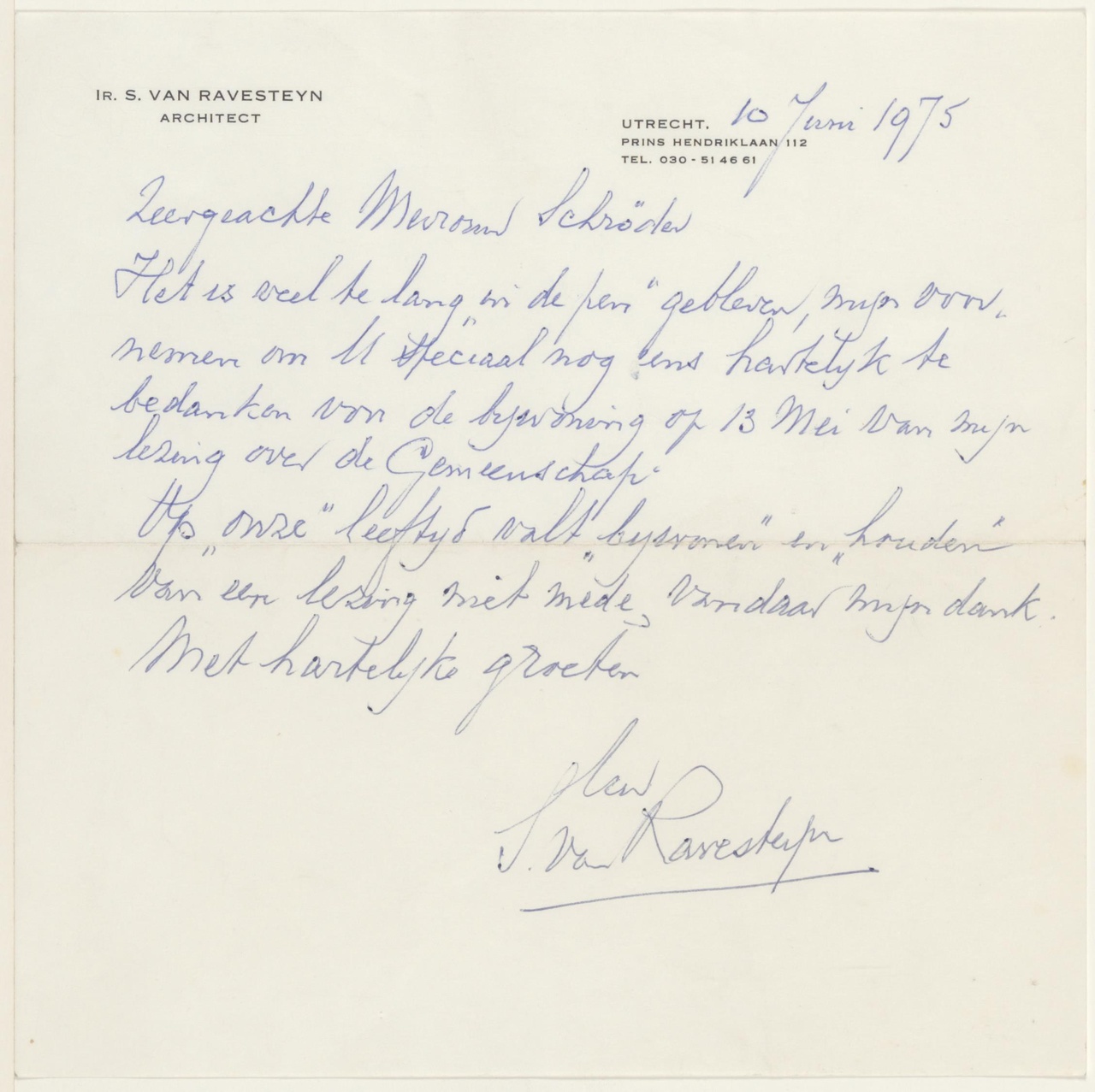 Brief van S. van Ravesteyn aan T. Schröder