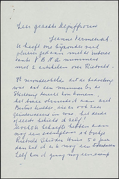 Brief van Truus Schröder aan Jeanne Vermeersch waarin Truus Jeanne bedankt voor de twee artikelen over Gerrit Thomas Rietveld