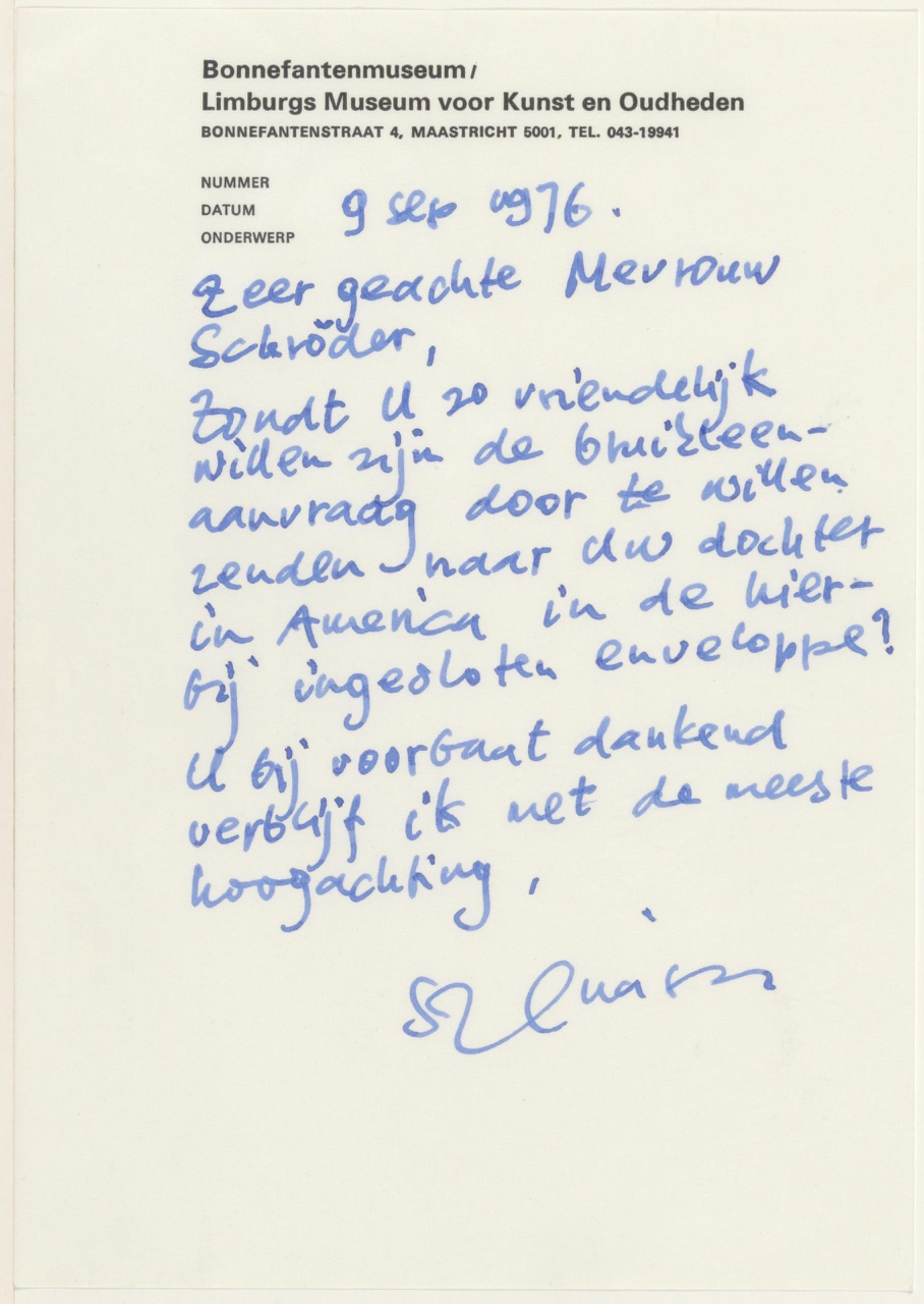 Brief van I.L. Szénássy / Bonnefantenmuseum aan T. Schröder