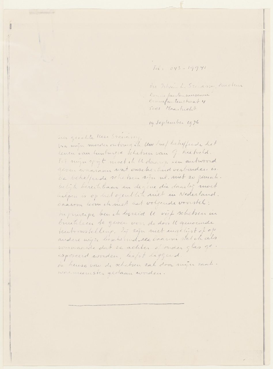 Brief van H. Schröder aan I.L. Szénássy / Bonnefantenmuseum