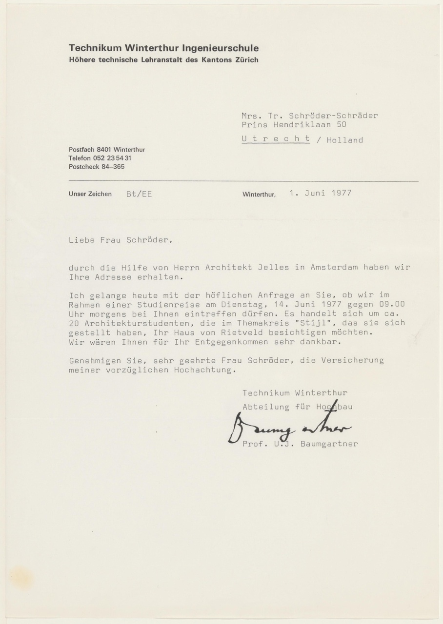 Brief van U.J. Baumgartner aan T. Schröder