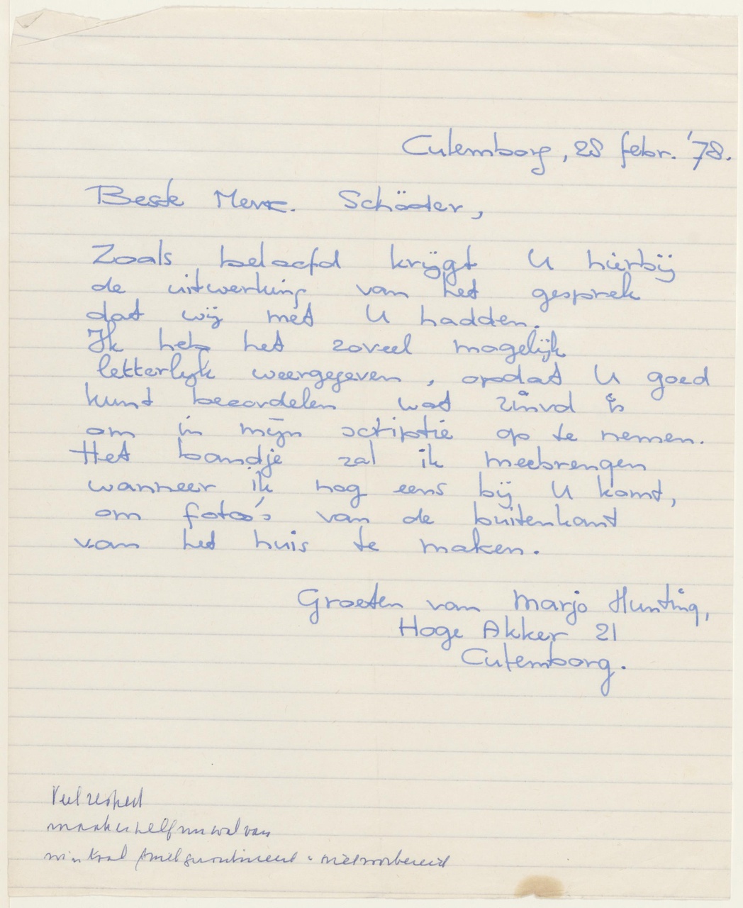 Brief van M. Hunting aan T. Schröder