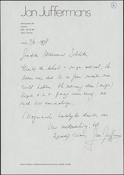Brief van Jan Juffermans aan Truus Schröder waarin hij Truus vraagt de kopie van zijn artikel te lezen en het terug wil sturen met eventuele aanmerkingen