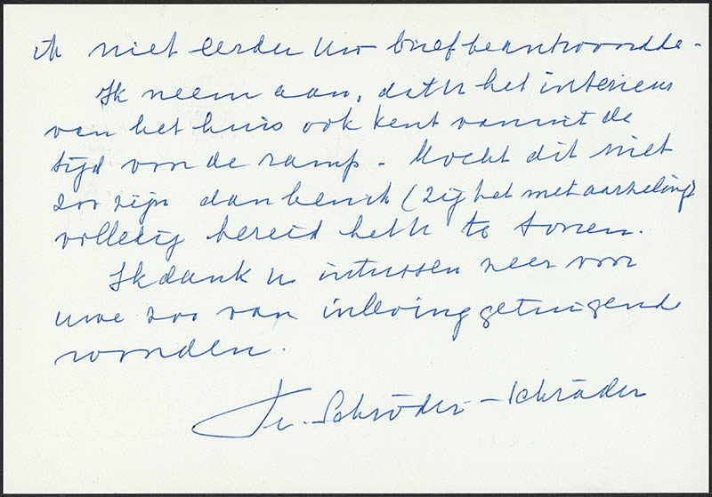 Brief van Truus Schröder aan Haakma-Wagenaar om te bedanken voor de waarderende brief die Truus van de heer Haakma-Wagenaar mocht ontvangen bij haar koninklijke onderscheiding