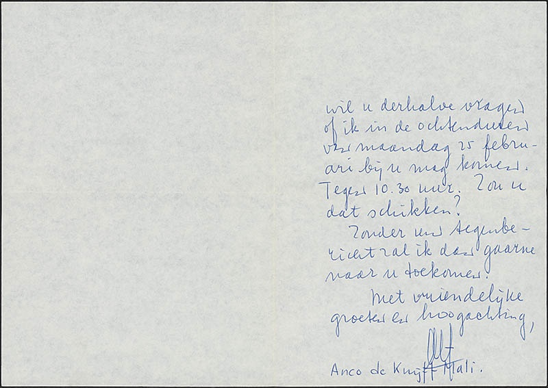 Brief van Anco Mali aan Truus Schröder over het verzetten van een afspraak