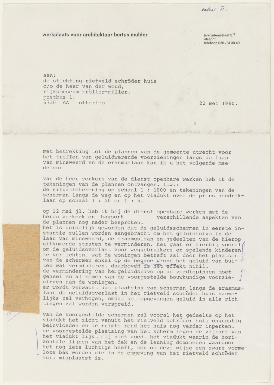 Brief van B. Mulder aan Stichting Rietveld Schröder Huis