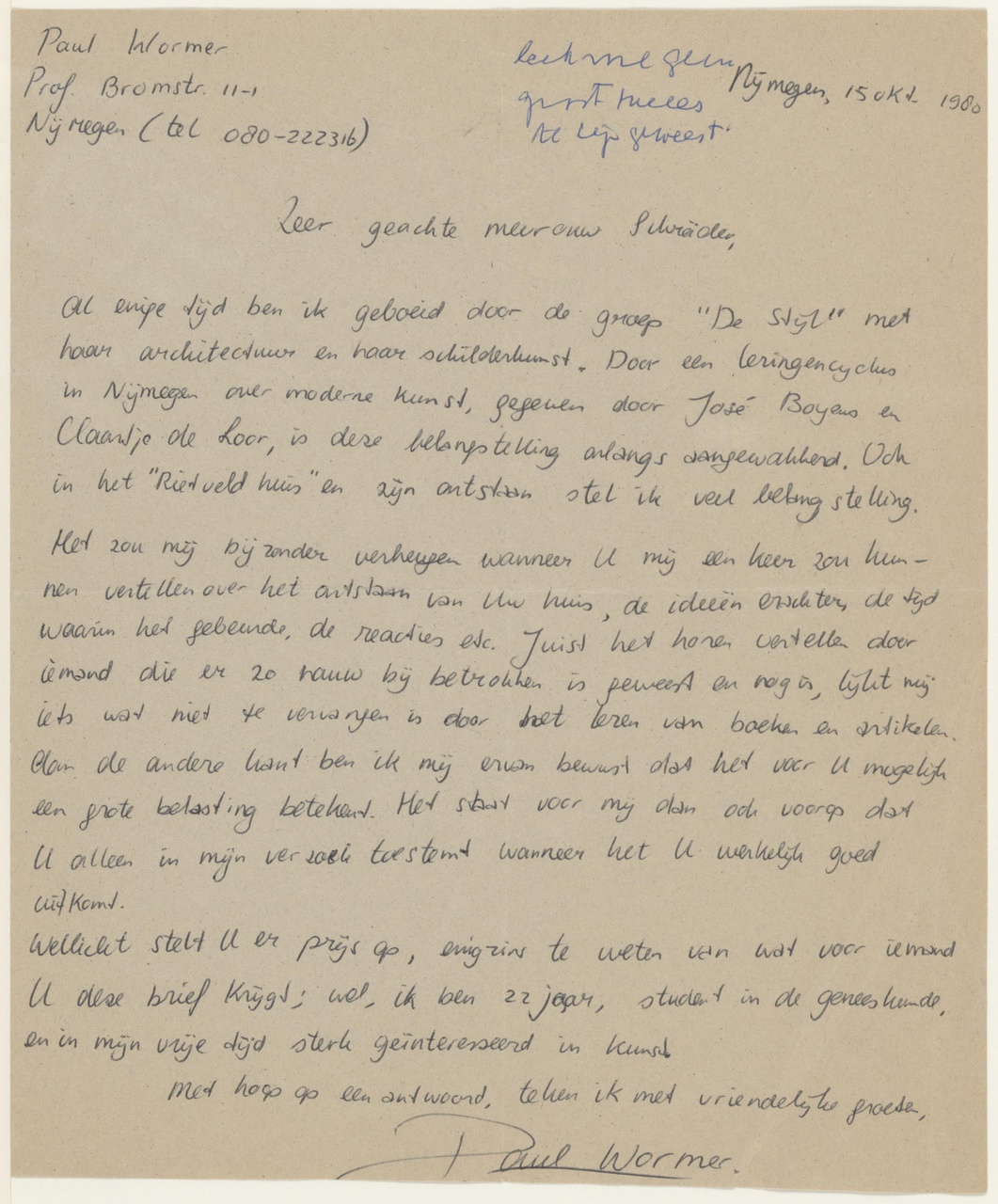 Brief van P. Wormer aan T. Schröder
