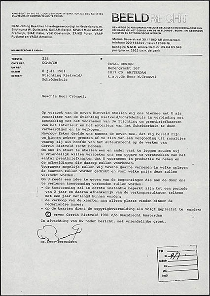 Brief van Kees Berendsen aan Wim Crouwel over toestemming voor het laten drukken van prentbriefkaarten van het interieur van het Rietveld Schröderhuis 