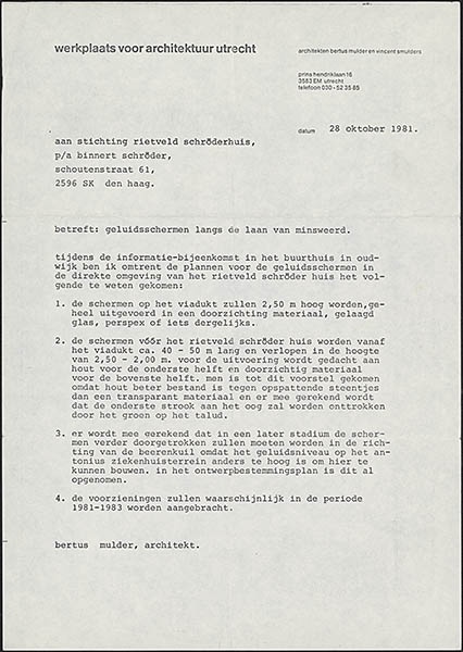 kopie van brief van architect Bertus Mulder aan Stichting Rietveld Schröder Huis betreffende de geluidsschermen langs de laan van Minsweerd