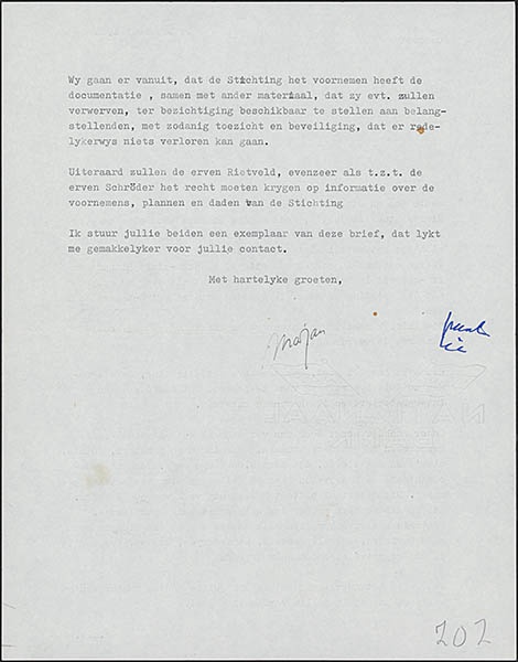 Brief van Marjan Schröder aan Wim Rietveld over het overdragen van het Rietveld archief en de documentatie aan de Stichting Rietveld Schröderhuis