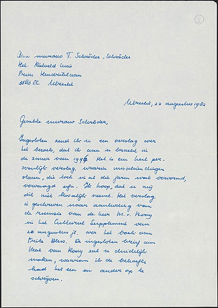 Brief van Anna Sterk aan T. Schröder met 6 bijlagen waarin Anna met twee vrienden het bezoek aan Truus in het Rietveld Schröderhuis in de zomer van 1976 beschrijft