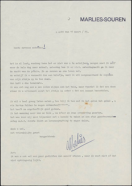 Brief van dichter Marlies Souren aan Truus Schröder over het bezoek aan het Rietveld Schröderhuis en het artikel dat Souren daarover schreef