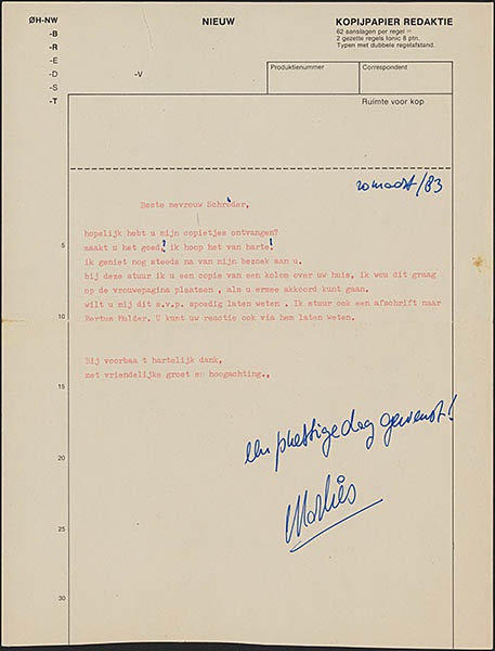 Brief van Marlies Souren aan Truus Schröder met de vraag of Truus de kopieën van de column van Marlies goed heeft ontvangen