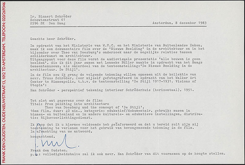 Brief van Frank den Oudsten aan Binnert Schröder over het maken van een documentaire over Theo van Doesburg's onderzoek naar de mogelijke relatie tussen schilderkunst en architectuur en de vraag of Binnert toestemming kan verlenen om een perspectief tekening van Han Schröder te gebruiken