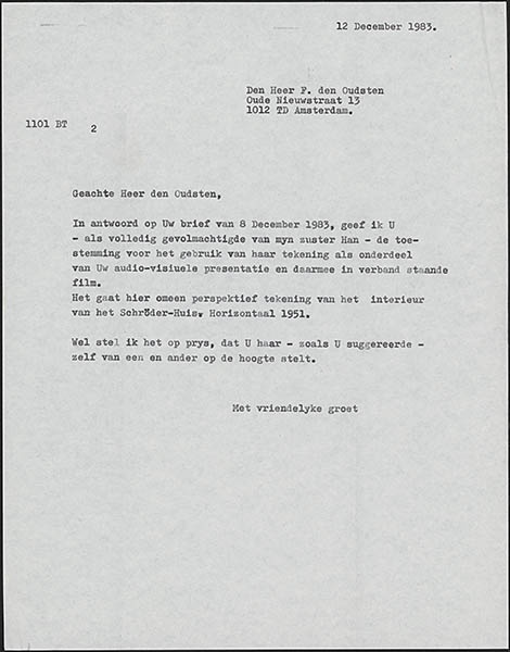 Brief van Binnert Schröder aan Frank den Oudsten waarin Binnert Frank toestemming geeft voor het gebruik van een tekening van Han Schröder voor de documentaire 