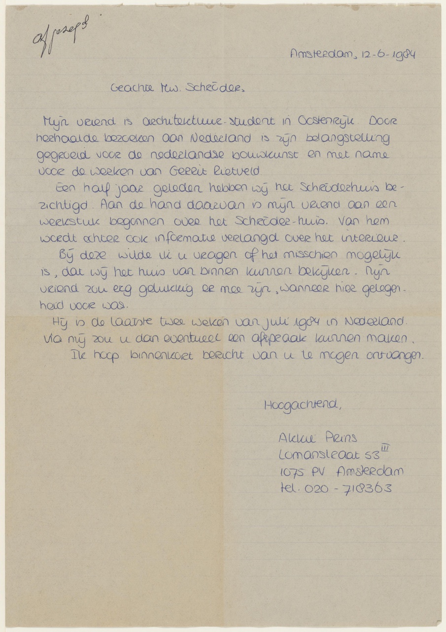 Brief van A. Prins aan T. Schröder