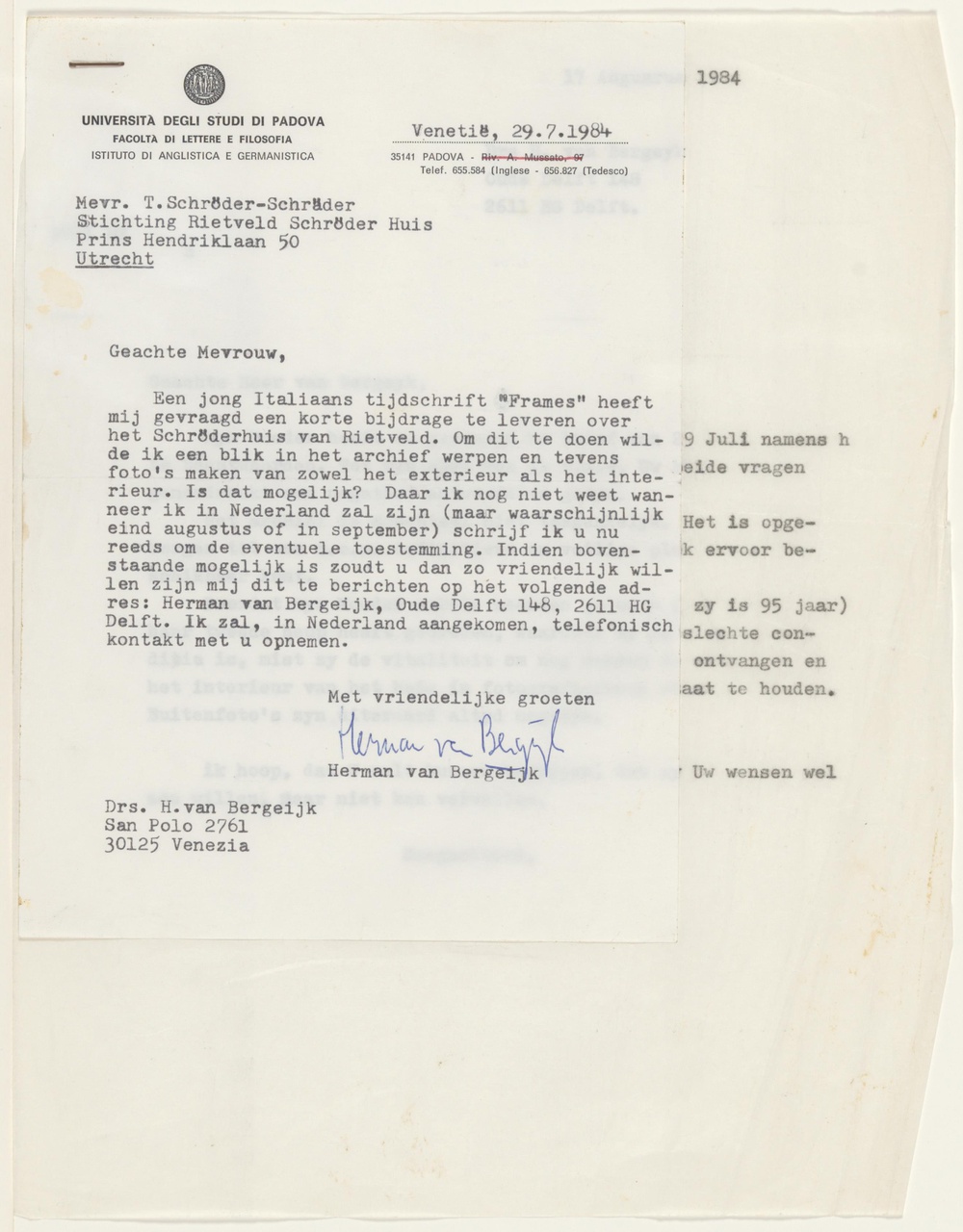 Brief van H. van Bergeijk aan T. Schröder