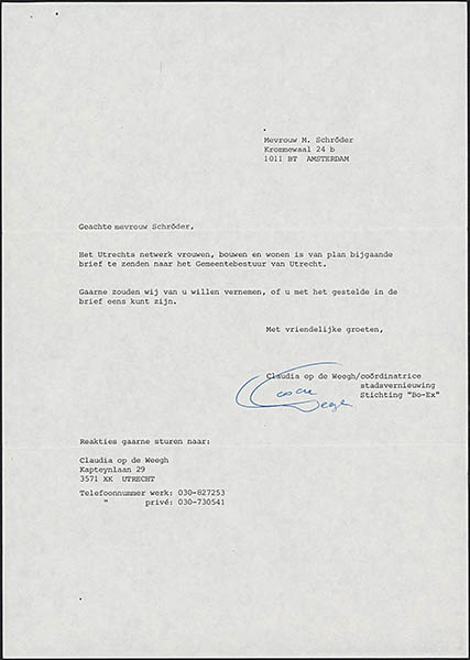 Brief van Utrechts Netwerk Vrouwen aan Marjan Schröder om toestemming te vragen om een brief te sturen aan burgemeester en wethouders van Utrecht om de straatnaam het Rietveldhof te veranderen naar het Rietveld-Schröderhof